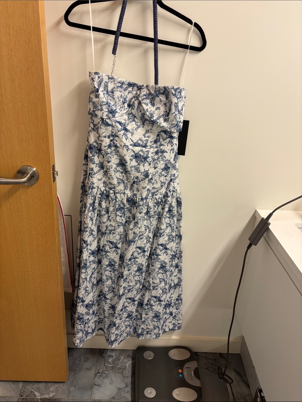 English Factory Blue and White Floral Midi Dress with Navy Cord Straps